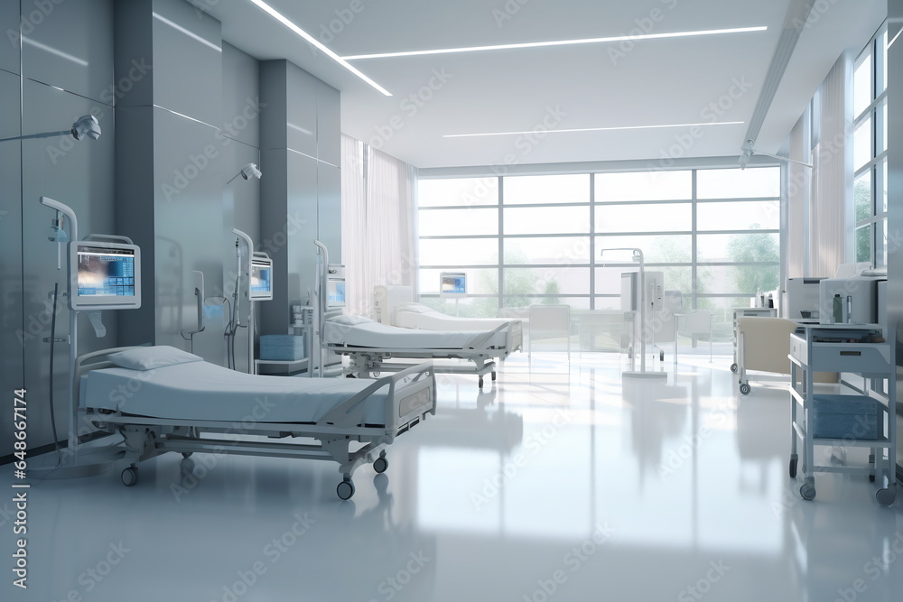 Hospital intensive care ward with empty beds. Modern clinic with advanced equipment. Best medical healthy treatment center Hospital intensive care ward with empty beds. Modern clinic with advanced equipment. Best medical healthy treatment center
