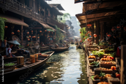 A traditional Thai floating market, where vendors sell their goods from boats on winding canals. Generative Ai. © Sebastian