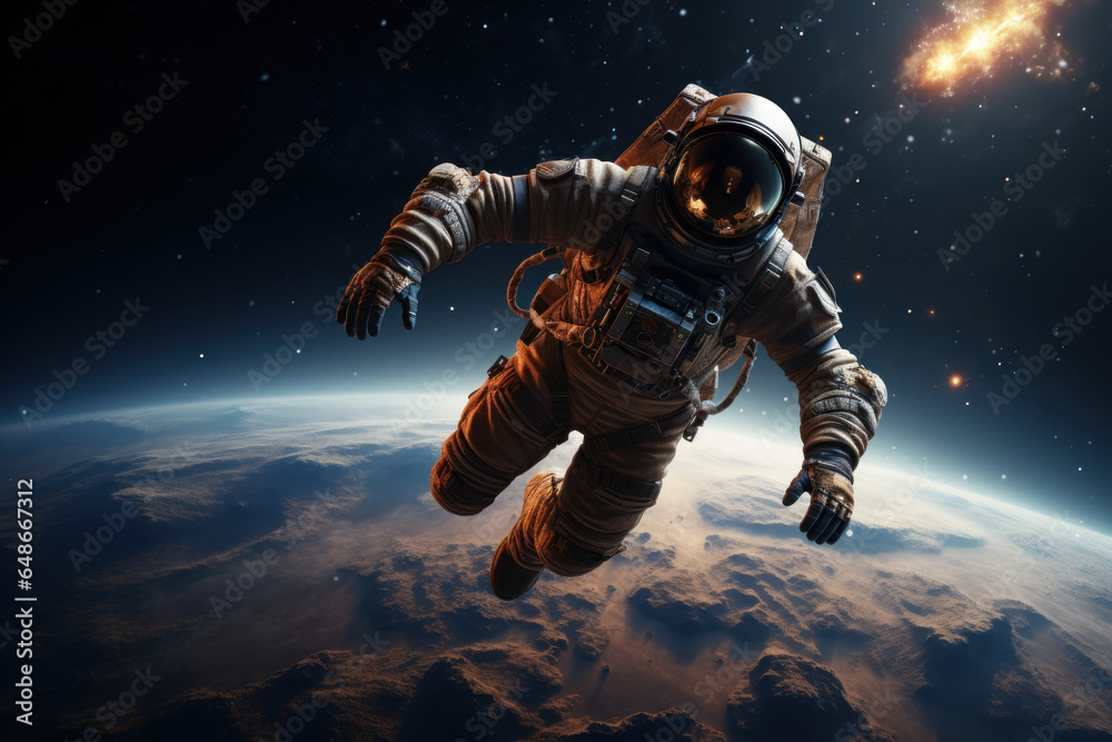 An astronaut floating in the vastness of space, Earth a distant and fragile jewel. Generative Ai. An astronaut floating in the vastness of space, Earth a distant and fragile jewel. Generative Ai.