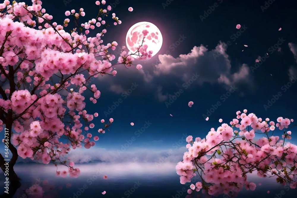 cherry blossom in the night with full moon - obrazy, fototapety, plakaty 