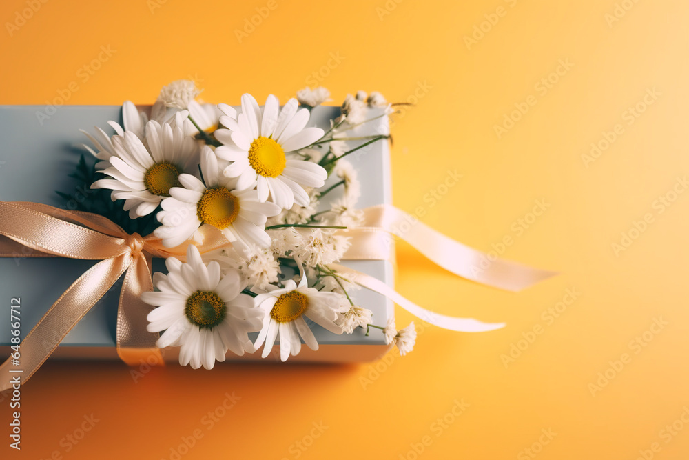 box gift ribbon spring banner with daisies