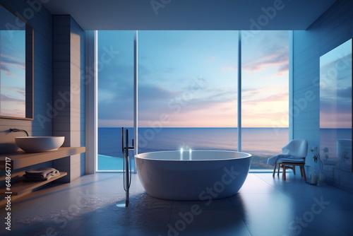 Modern contemporary loft-style bathroom with sea-style nature view © Canvas Alchemy