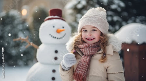 Upbeat child young lady plaing with a snowman on a frigid winter walk photo