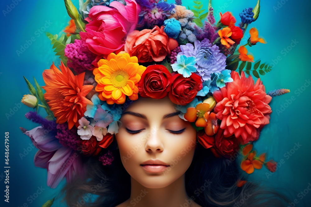 Abstract contemporary art collage portrait of a young woman with flowers on her head and hair