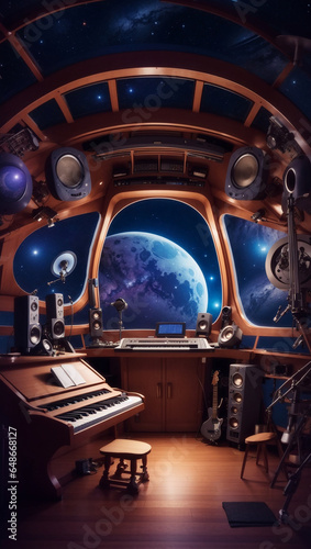 Music studio inside a spaceship flying in a space - AI Generative