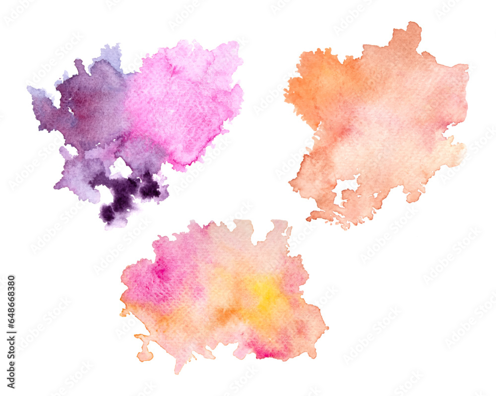 Hand drawn set of watercolor stains. Purple, orange and pink watercolor splashes.