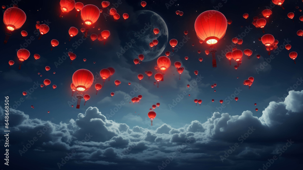Fototapeta premium Chinese lanterns in the night sky with full moon