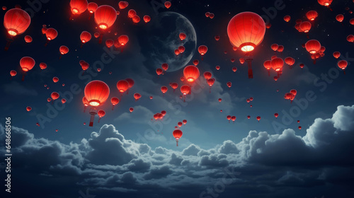 Chinese lanterns in the night sky with full moon