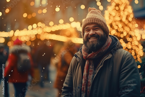 bearded man enjoys the festive atmosphere of a Christmas market, generative ai 
