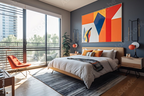 Bedroom with bed and big windows. Geometric patterns create stunning accent walls with familiar and simple shapes. Interior decorating with geometric patterns and triangles. © Canvas Alchemy