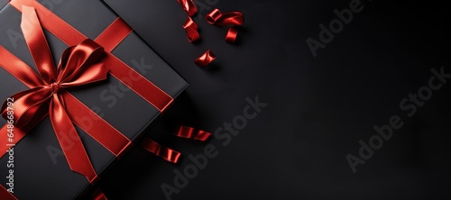 Black Friday and Boxing Day concept. Top view of black Christmas gift boxes with red ribbon on a black background with space for text. Black Friday and Boxing Day concept.