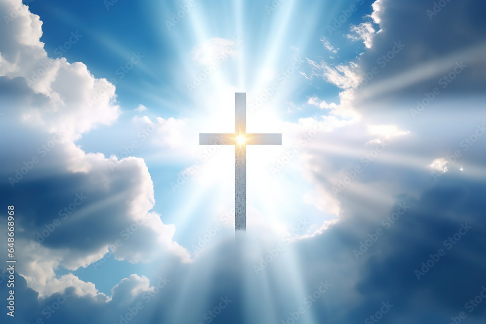 Christian cross appears bright in the sky background and soft clouds. with the light shining as Love. hope and freedom of God Jesus, generative ai 