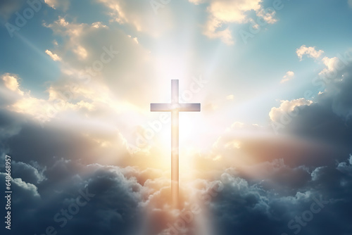 Christian cross appears bright in the sky background and soft clouds. with the light shining as Love. hope and freedom of God Jesus, generative ai  © vvalentine