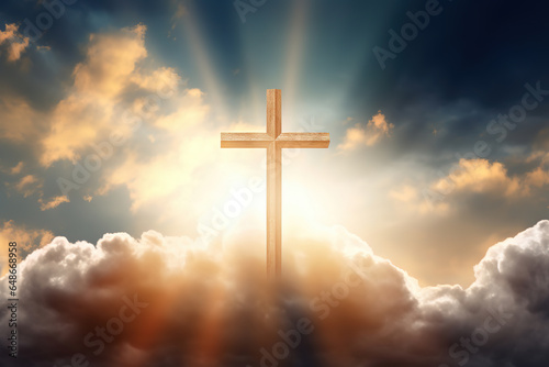 Christian cross appears bright in the sky background and soft clouds. with the light shining as Love. hope and freedom of God Jesus, generative ai  © vvalentine