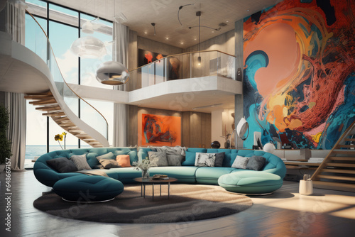 A dynamically designed entrance with a turquoise sofa and a spiral staircase. The walls are decorated with orange abstract paintings. An innovative healing space. Concept of interior design, 