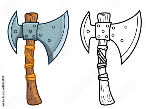 Viking axe cartoon style vector illustration, bearded axe, or Skeggøx ,Norse weapon two sided axe colored and black and white line art stock vector image