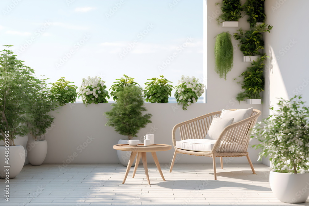 Loft-style outdoor living area. There are white furniture and green plants fence