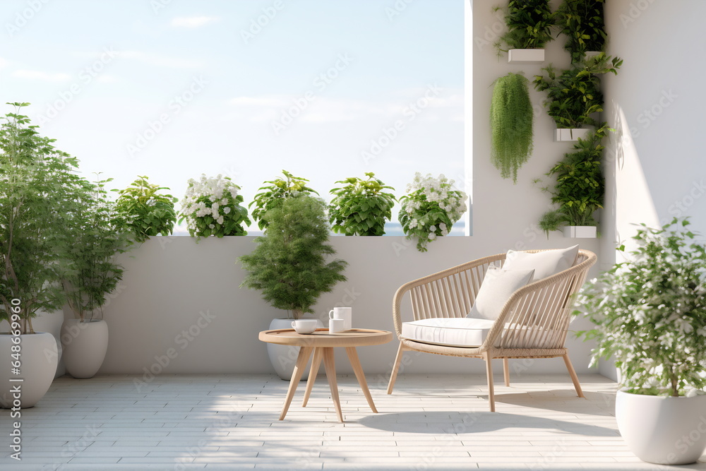 Loft-style outdoor living area. There are white furniture and green plants fence Loft-style outdoor living area. There are white furniture and green plants fence