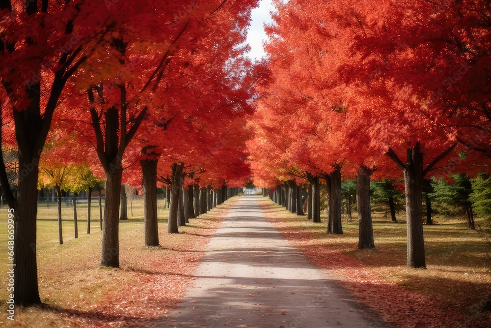 Fototapeta premium Red maple trees lining the driveway