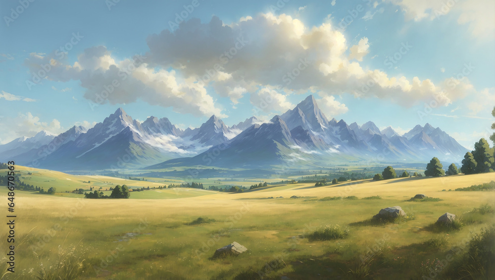 Fototapeta premium Wide green landscape with soft distant mountains - AI Generative
