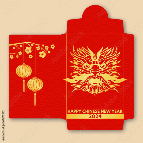 Chinese New Year red envelope flat icon. Vector illustration. Red packet with gold dragon head and lanterns. Chinese New Year 2024 year of the dragon.