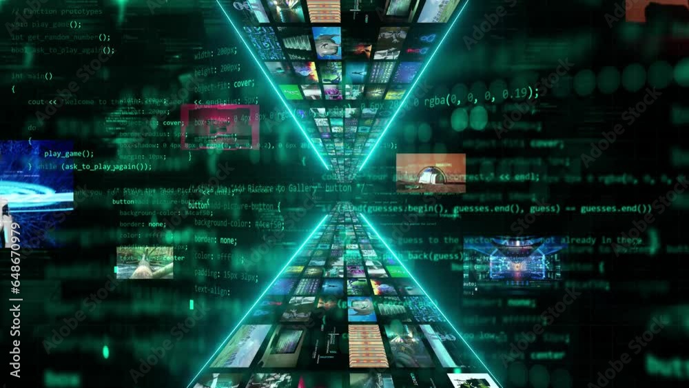 collage video with many animation with modern genre. Digital backgorund with coding programming and showing streaming power