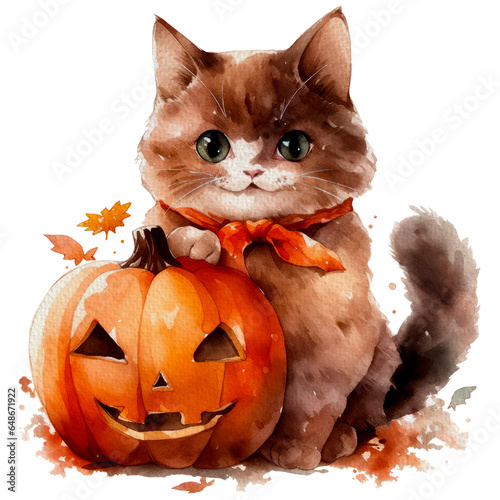 Watercolor Kitten and Pumpkin, transparent background