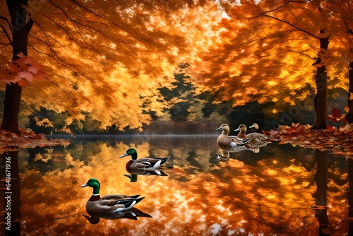 Ducks floating on the water with fallen leaves in autumn season