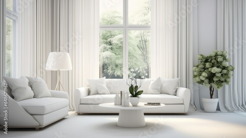 a modern white living room interior. Showcase the beauty of the room with large  billowing curtains on the window that bring in soft natural light.