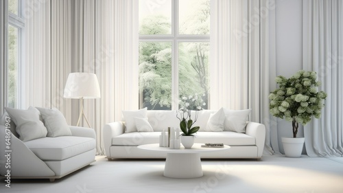 Wallpaper Mural a modern white living room interior. Showcase the beauty of the room with large, billowing curtains on the window that bring in soft natural light. Torontodigital.ca