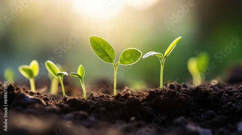 Fragile sprout in a field reaches for the sun. Barley or wheat sprouts sprouted in the soil. Agriculture concept. Selective focus.