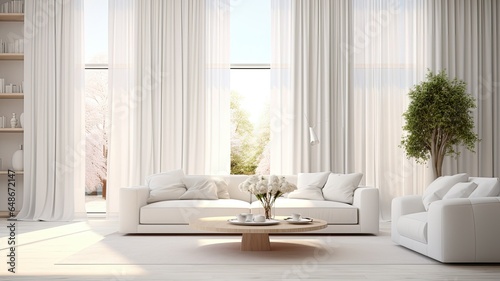 a modern white living room interior. Showcase the beauty of the room with large, billowing curtains on the window that bring in soft natural light. © lililia