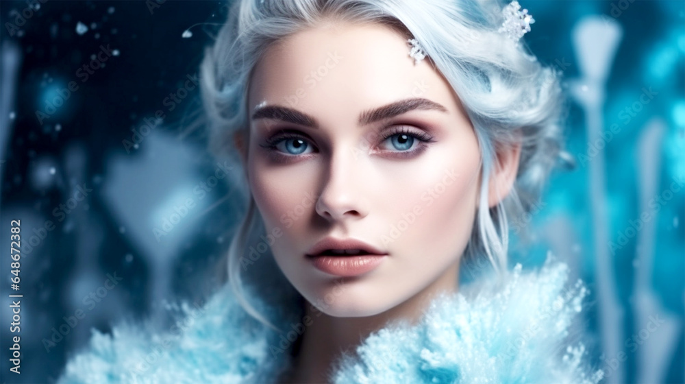 winter queen wearing cold makeup in icy background