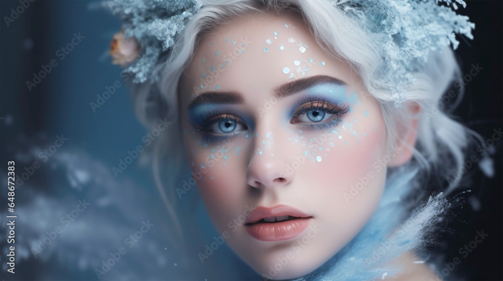 winter queen wearing cold makeup in icy background