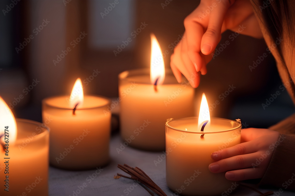 A close-up of a person's hand lighting scented candles to create a warm and inviting Thanksgiving atmosphere. Generative AI A close-up of a person's hand lighting scented candles to create a warm and inviting Thanksgiving atmosphere. Generative AI