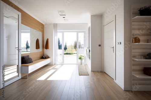 Interior of the bright hall or corridor at home. Minimalistic Scandinavian design with white color and wood. Lot of light