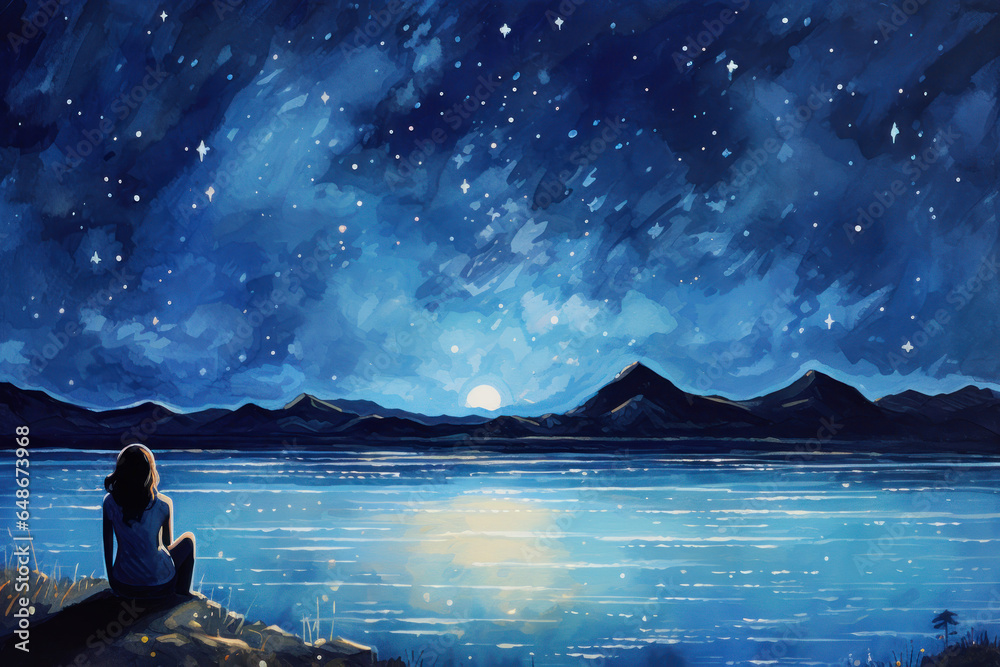 color block digital illustration of a person from the back sitting under a night sky with stars in nature mindfulness/wish In a textured hand drawn style for focus/concentration/productivity - obrazy, fototapety, plakaty 