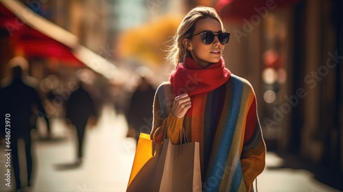 Attractive woman walking down the street with shopping bag