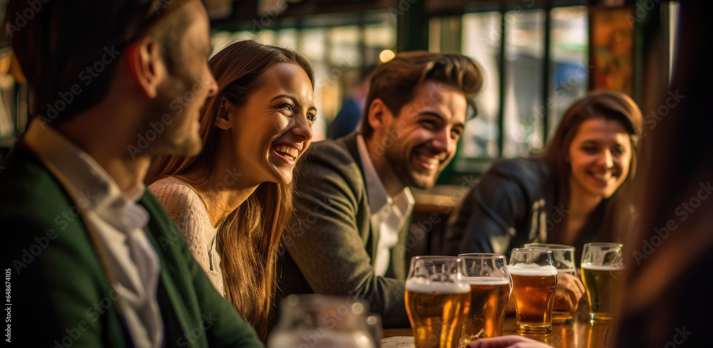 A group of friends drinking beer in a bar - obrazy, fototapety, plakaty 