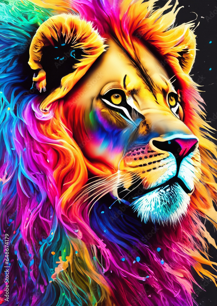 Peinture colorée de tête de lion sur fond noir