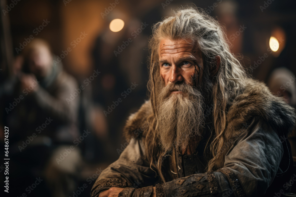 A Scandinavian storyteller dressed as a Viking, recounting Norse mythology to a rapt audience. Generative Ai. A Scandinavian storyteller dressed as a Viking, recounting Norse mythology to a rapt audience. Generative Ai.