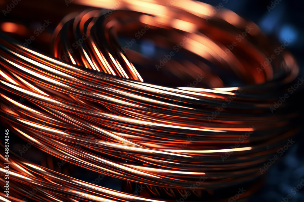 A copper wire coil with a shiny surface and a dark background, creating a contrast of light and shadow - obrazy, fototapety, plakaty 