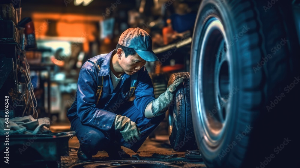 A mechanic repairing car tires