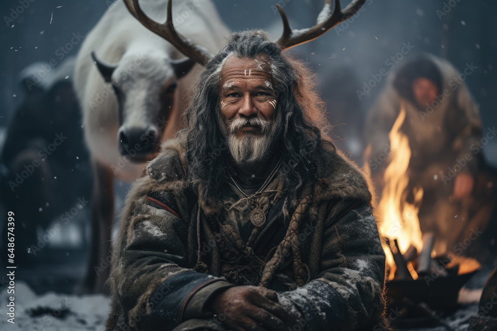 A Swedish storyteller in traditional Sami attire conveying stories of the Arctic reindeer herders. Generative Ai.