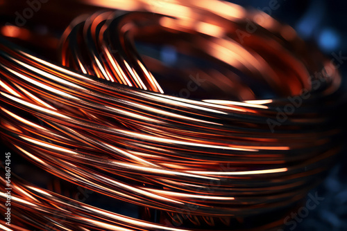 A copper wire coil with a shiny surface and a dark background, creating a contrast of light and shadow