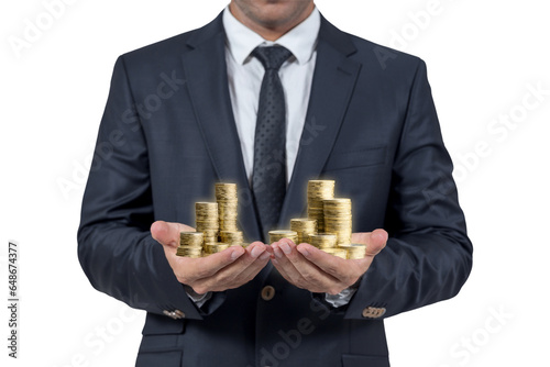 Businessman holding a stacked gold coins. Stack of coins. No background. PNG, Transparent