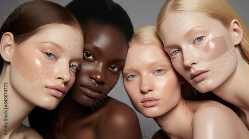 Portrait of a group of women of different ethnicities with different skin color. Creative concept of choosing foundation depending on skin color, palette of foundation. © IndigoElf