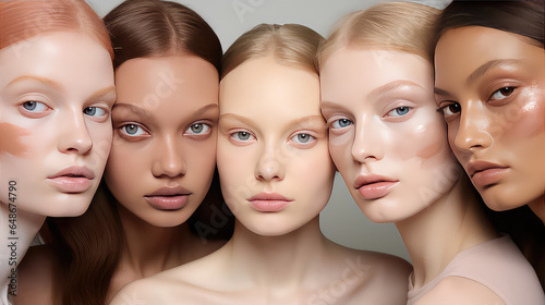 Portrait of a group of women of different ethnicities with different skin color. Creative concept of choosing foundation depending on skin color, palette of foundation. photo
