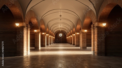 a spacious brick concrete hall in soft, light colors, illuminated by an array of stylish ceiling lamps. The hall should exude a modern industrial aesthetic, with a balance of warmth and minimalism.