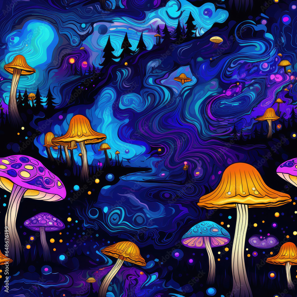 Fantasy magic mushrooms psychedelic starry night neon